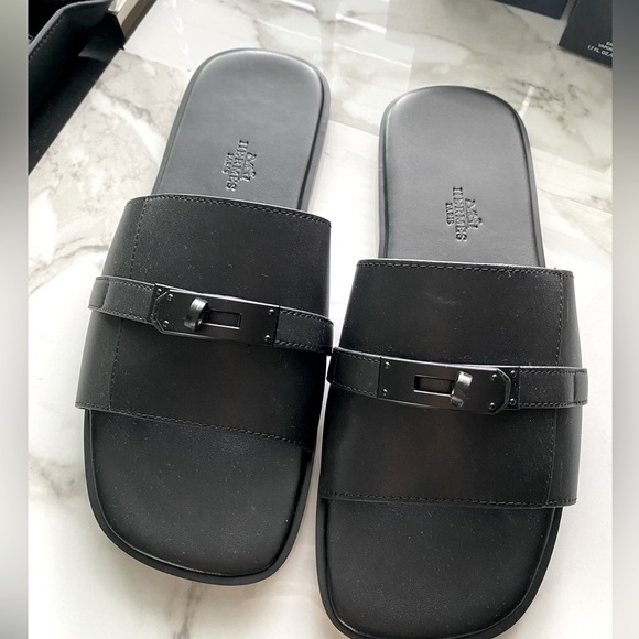Hermès Black Leather Slide Sandals - Picture 1 of 6